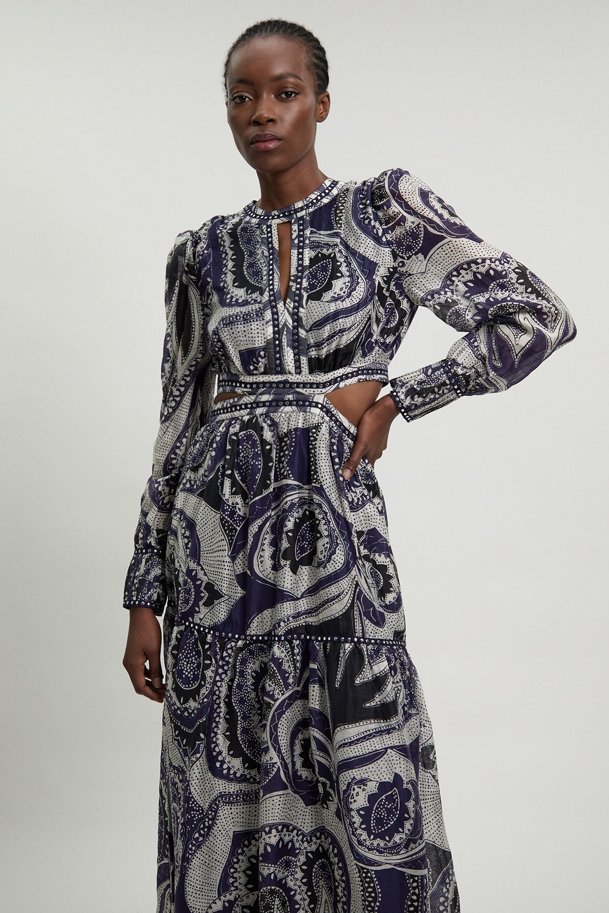 KarenMillen Petite Mono Floral Printed Studded Detail Maxi Dress