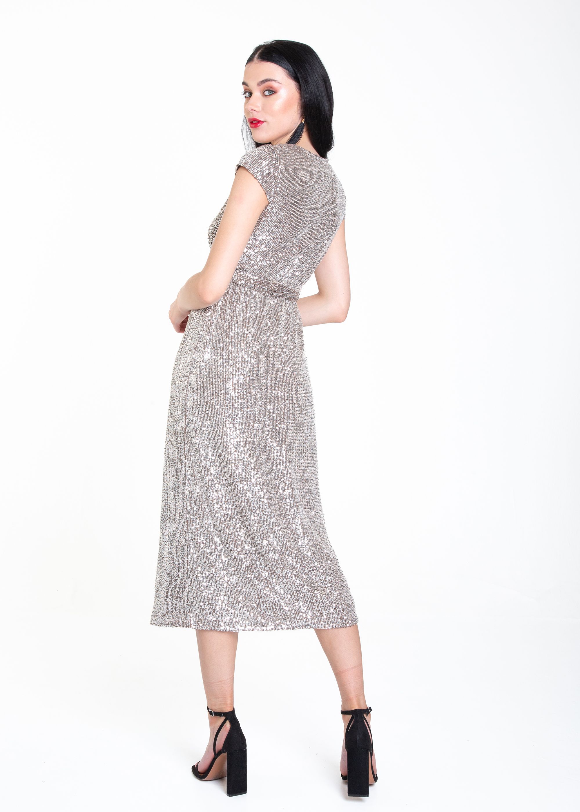 Gini London Gun Metal Sequin Belted Midi Wrap Dress