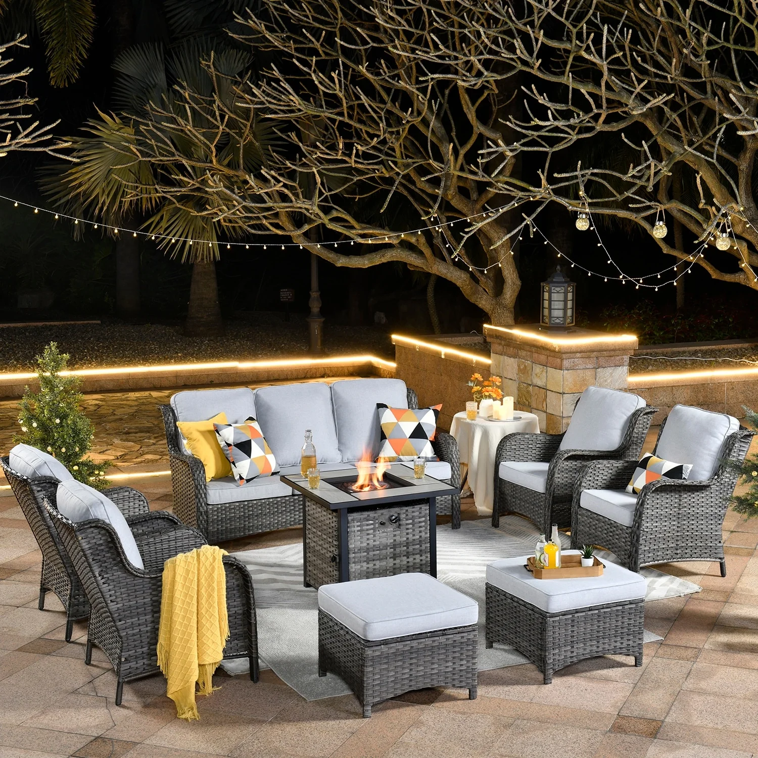 OVIOS Grey Wicker 8-piece Patio Furniture Set With Fire Pit
