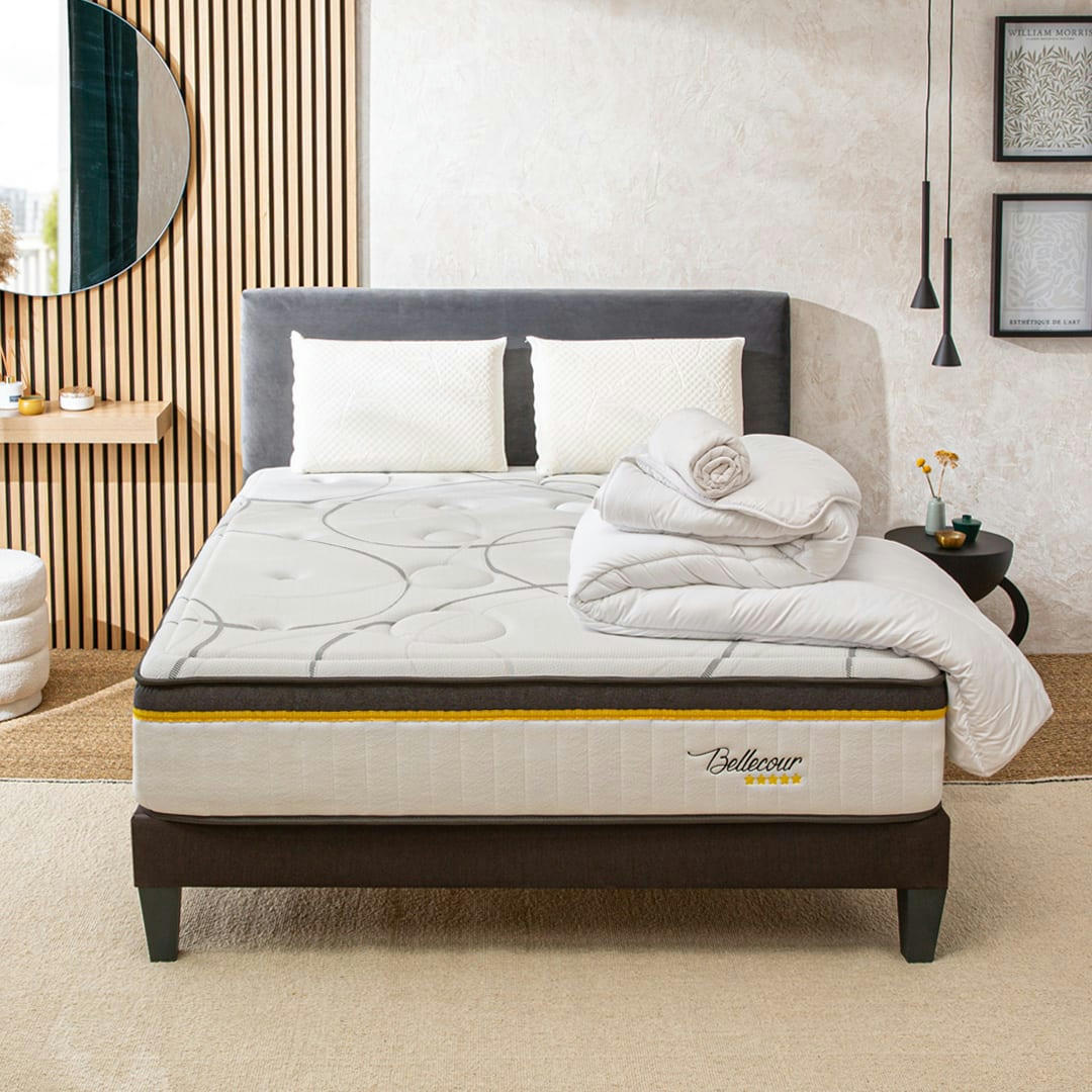 BELLECOUR 3.0 - Ensemble  140x190  Matelas Ressorts + Sommier + Accessoires