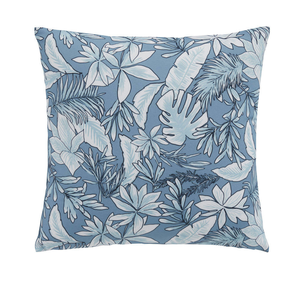 SANARY - Coussin motif végétal bleu et écru 45x45