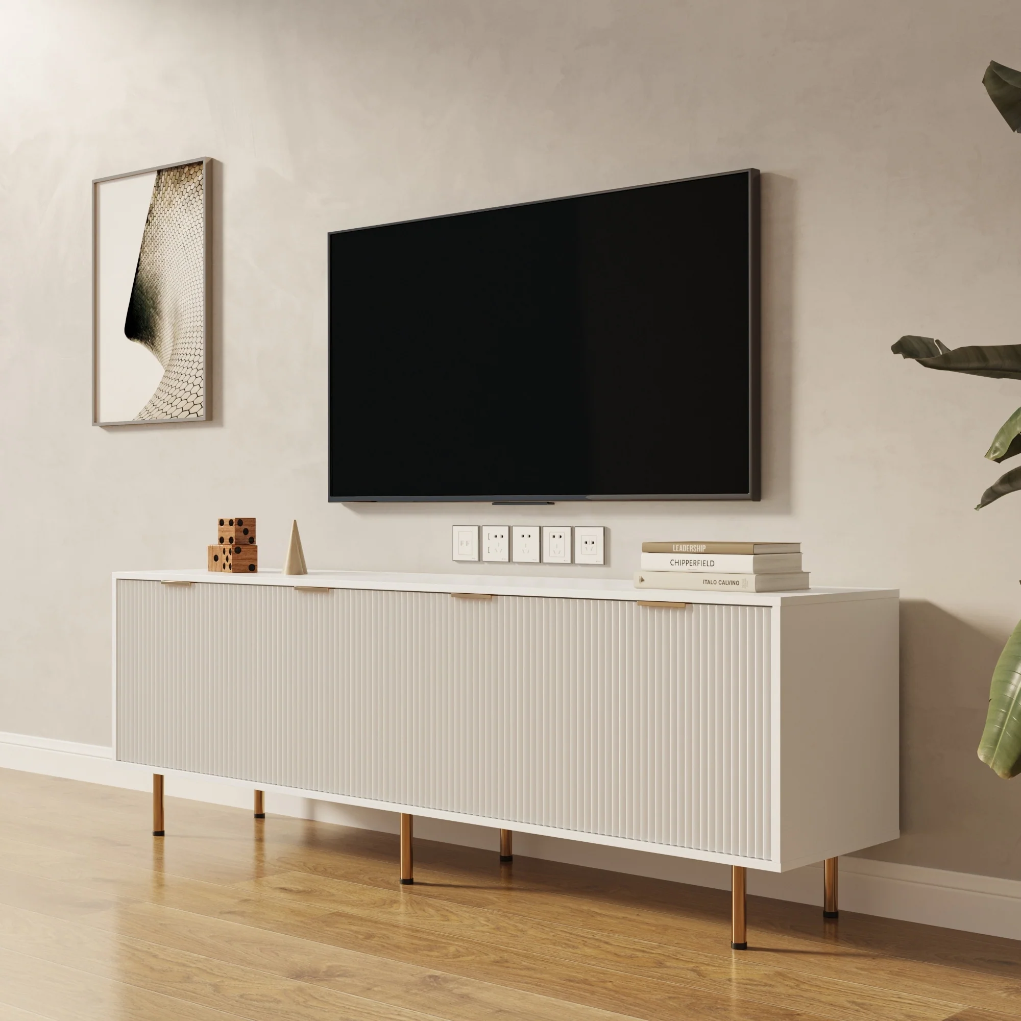 Modern warm white TV cabinet for 80 inch TV Stands