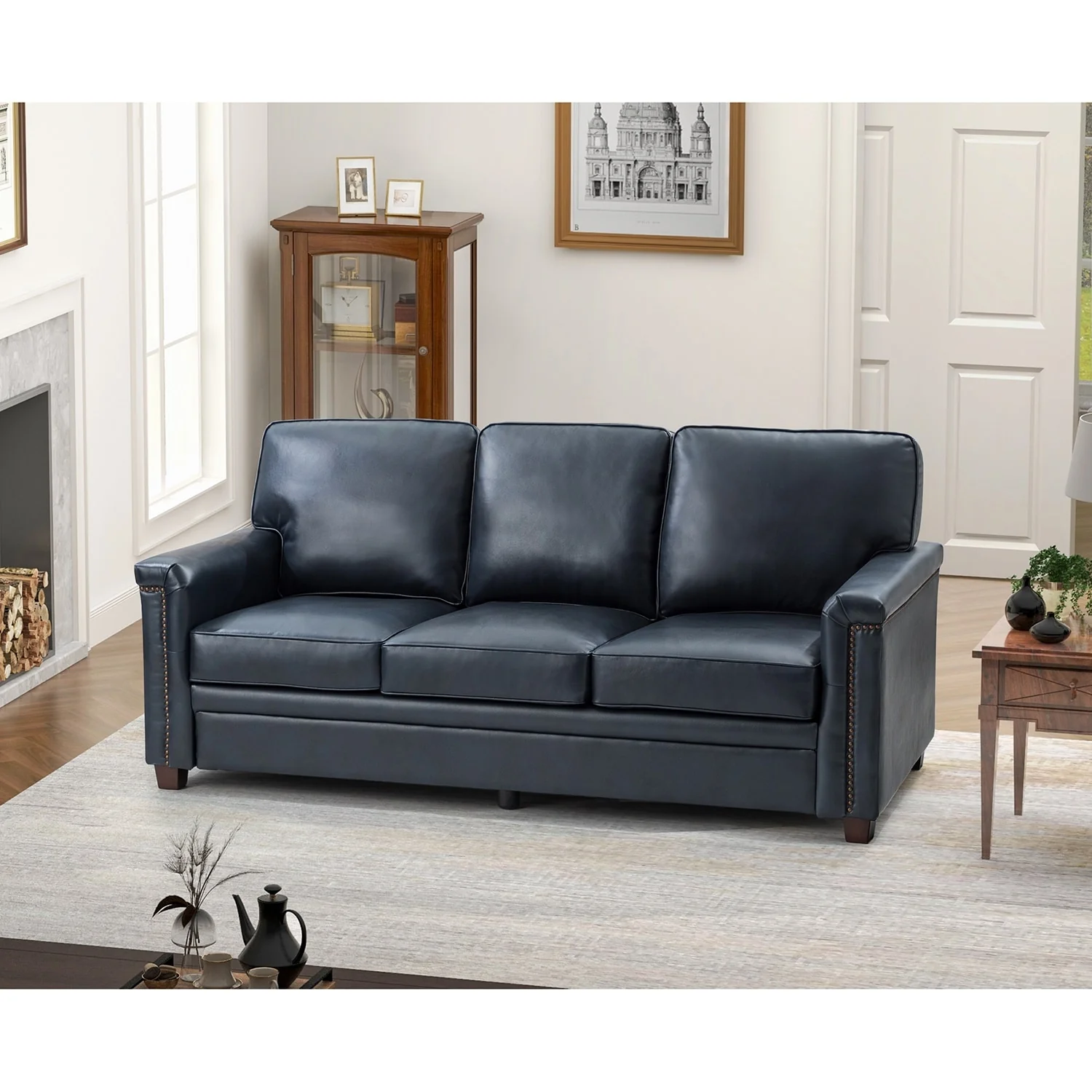 Rita Living Room 3-Seat Genuine Leather Sofa with Solid Wood Legs and Nailhead