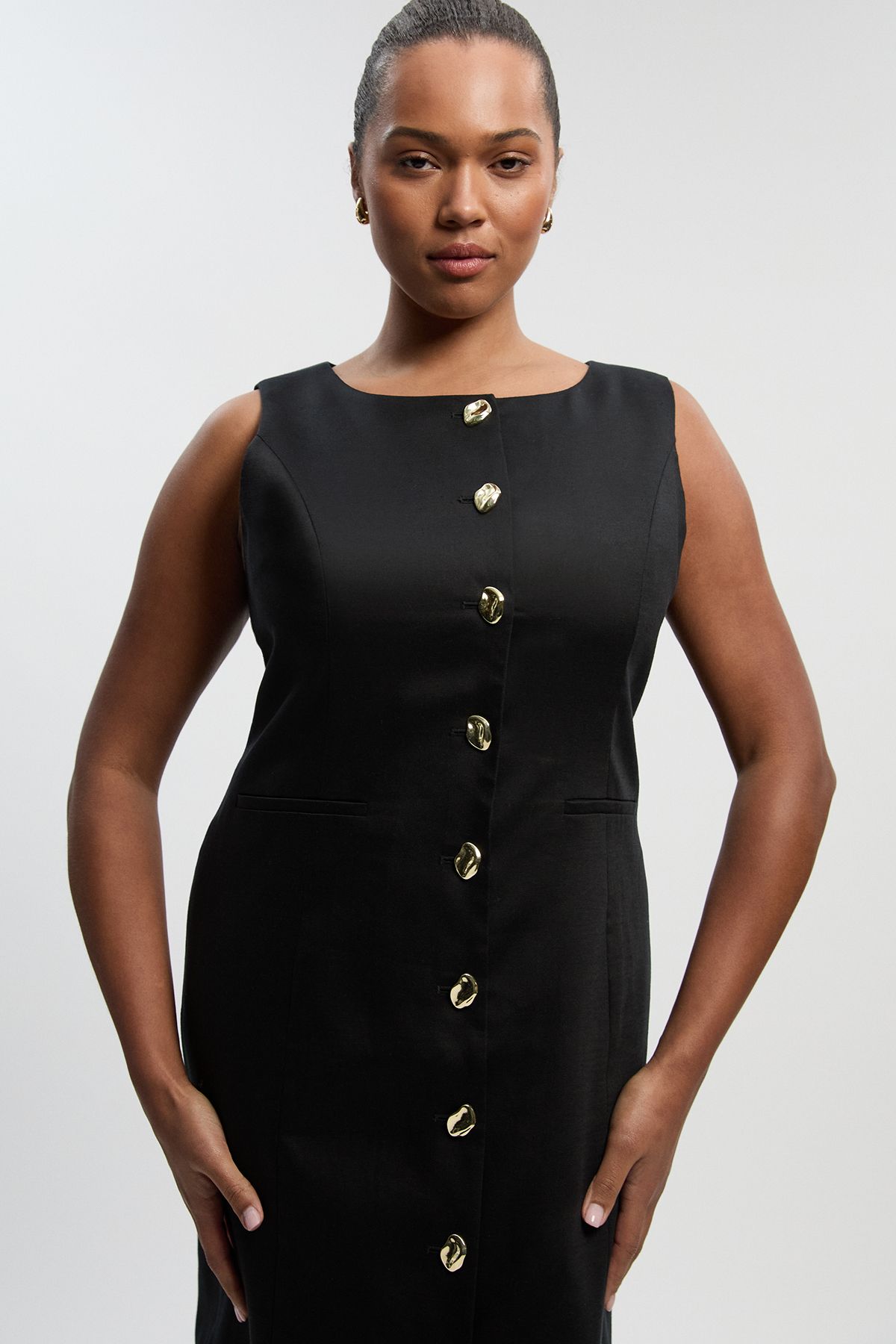 KarenMillen Plus Size Tailored Linen Statement Button Front Pencil Midi Dress