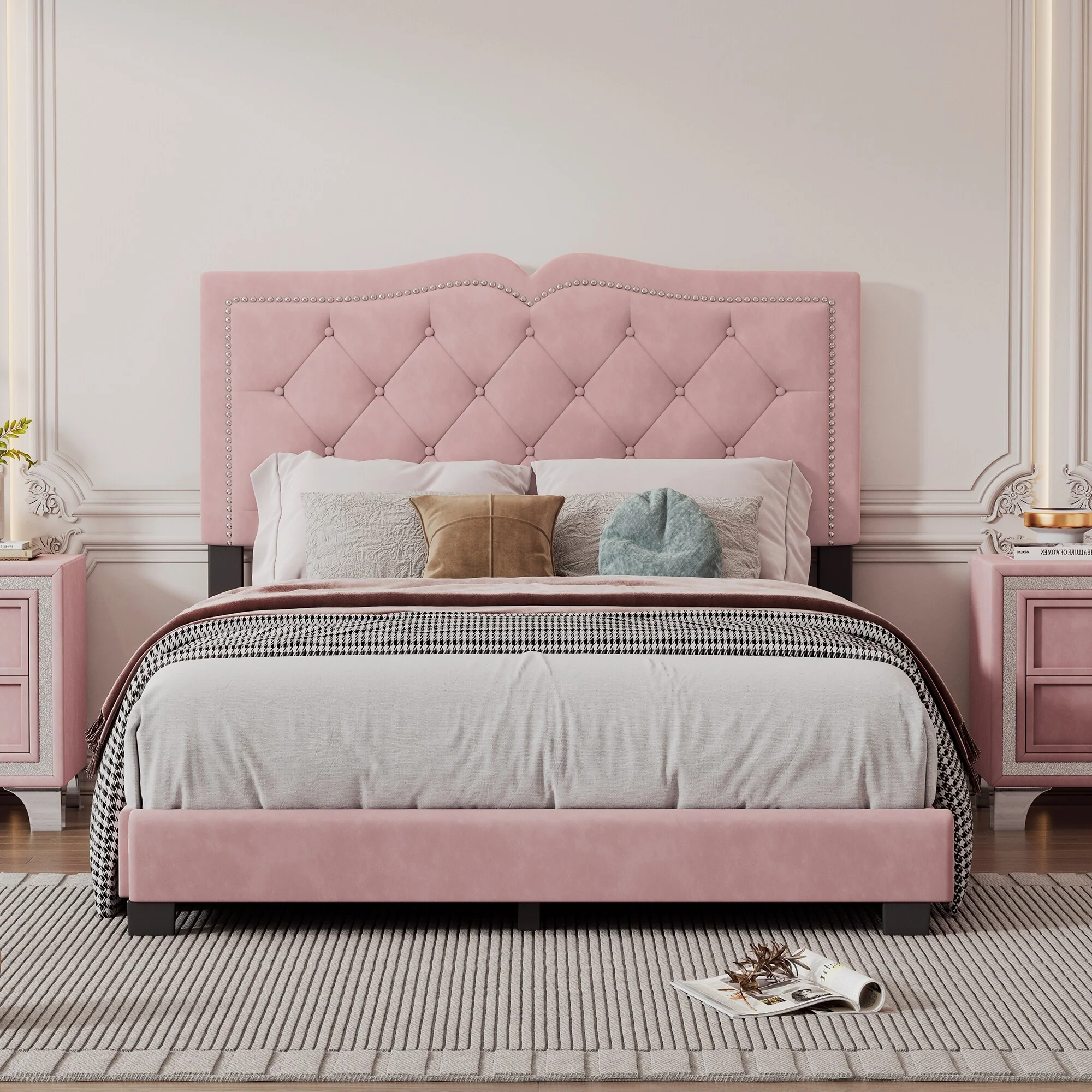 Modern Full Size Velvet Platform Bed with Rivet Accents and Tufted Headboard