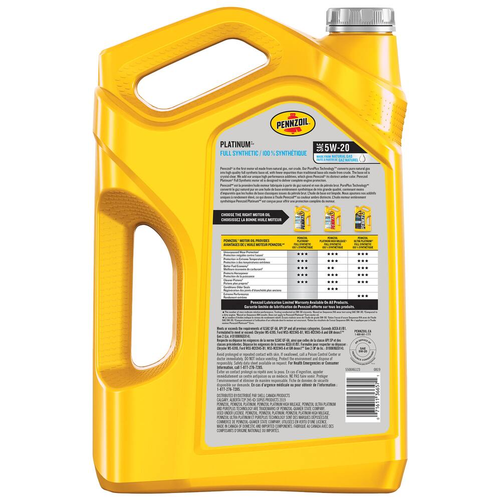 Pennzoil Platinum 5W20 Synthetic Engine/Motor Oil, 5-L
