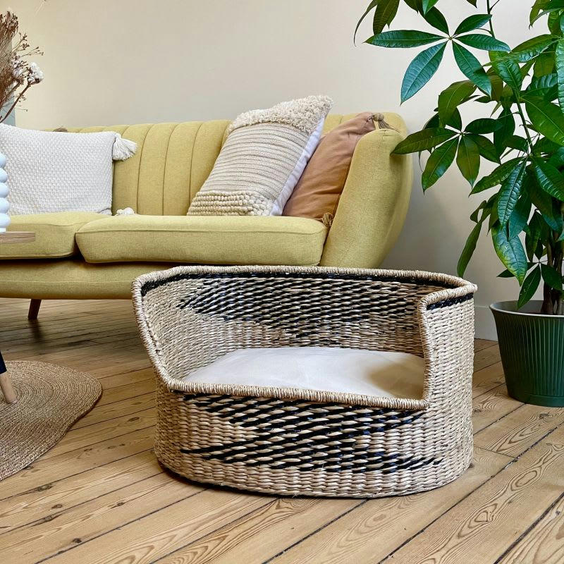 APOLLON - Panier ovale pour chien et chat en jonc de mer coussin écru