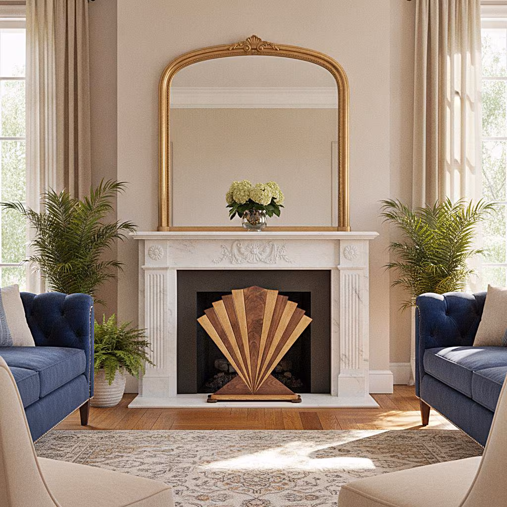 Summer Fireplace Screen Walnut White Oak Boho Geometric Art Deco Fan Inspired