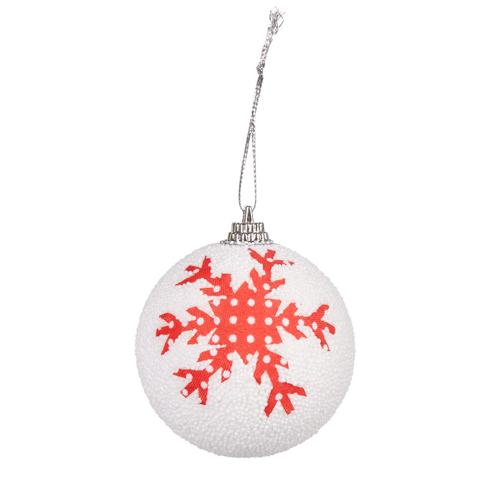 Boule de no&euml;l en mousse design flocon blanc rouge x6