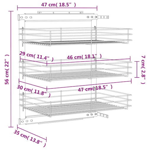 NNEVL 3-Tier Pull-out Kitchen Wire Basket Silver 47x35x56 cm