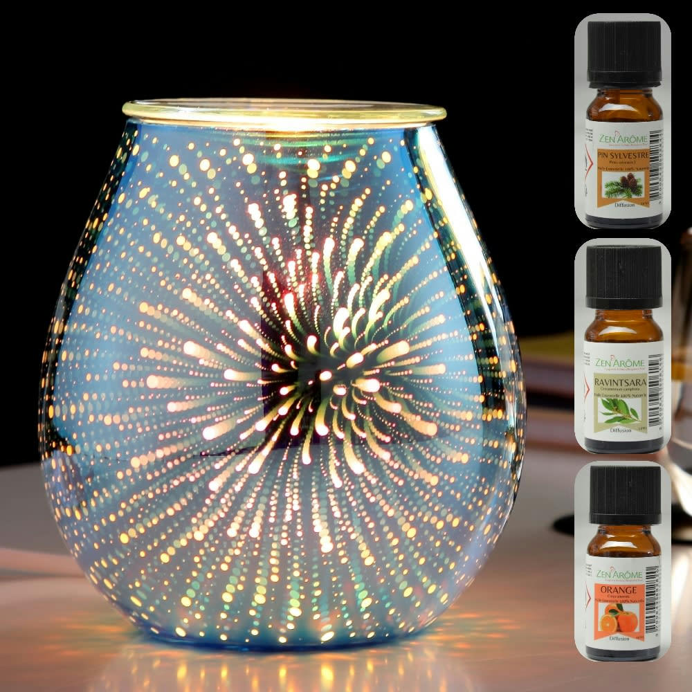 CALORYA N°6 - Diffuseur et Trio d'Huiles Essentielles en verre Bleu Effet 3D - H16