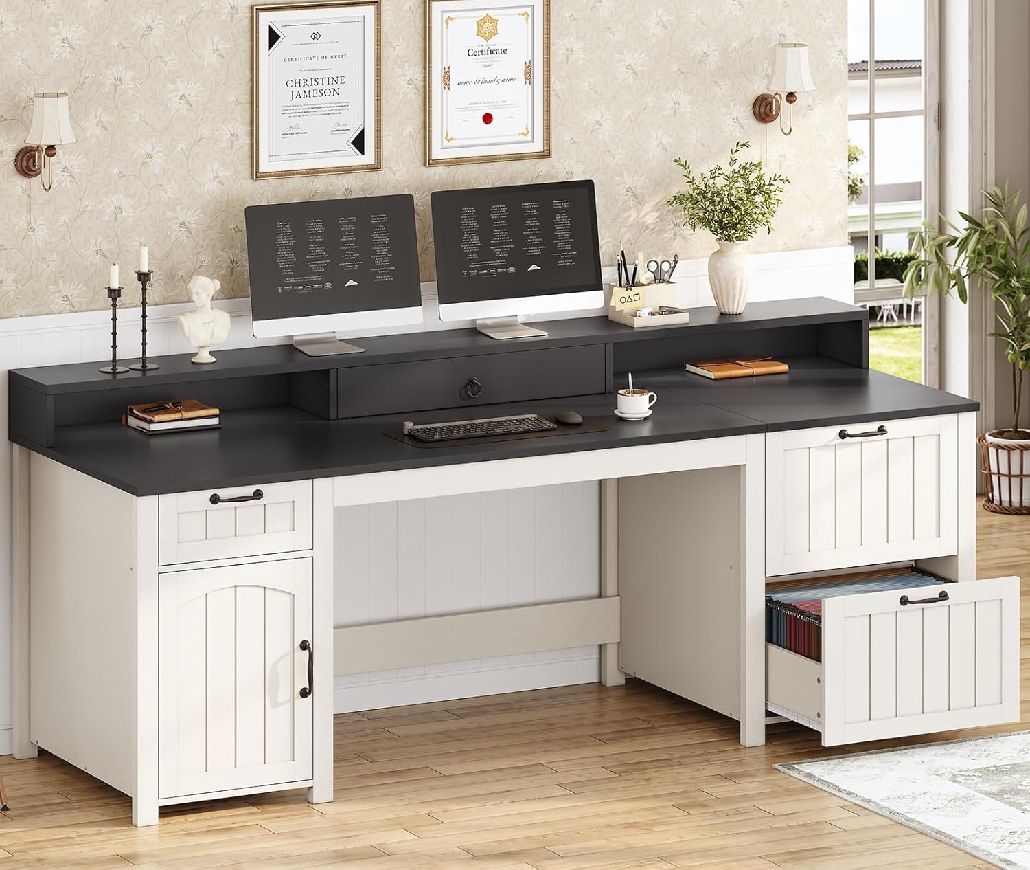 SEDETA Farmhouse 63 Executive Desk, Home Office Desk with File Drawer and Monitor Stand, Computer Desk with Drawers and Storage Cabinet, Wood Desk for Work Study Writing, White
