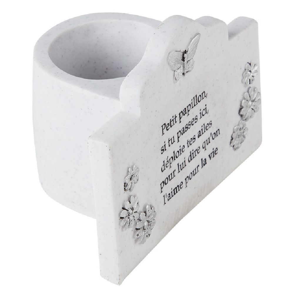 Plaque funéraire   pot de fleur motif fleur papillon résine blanc