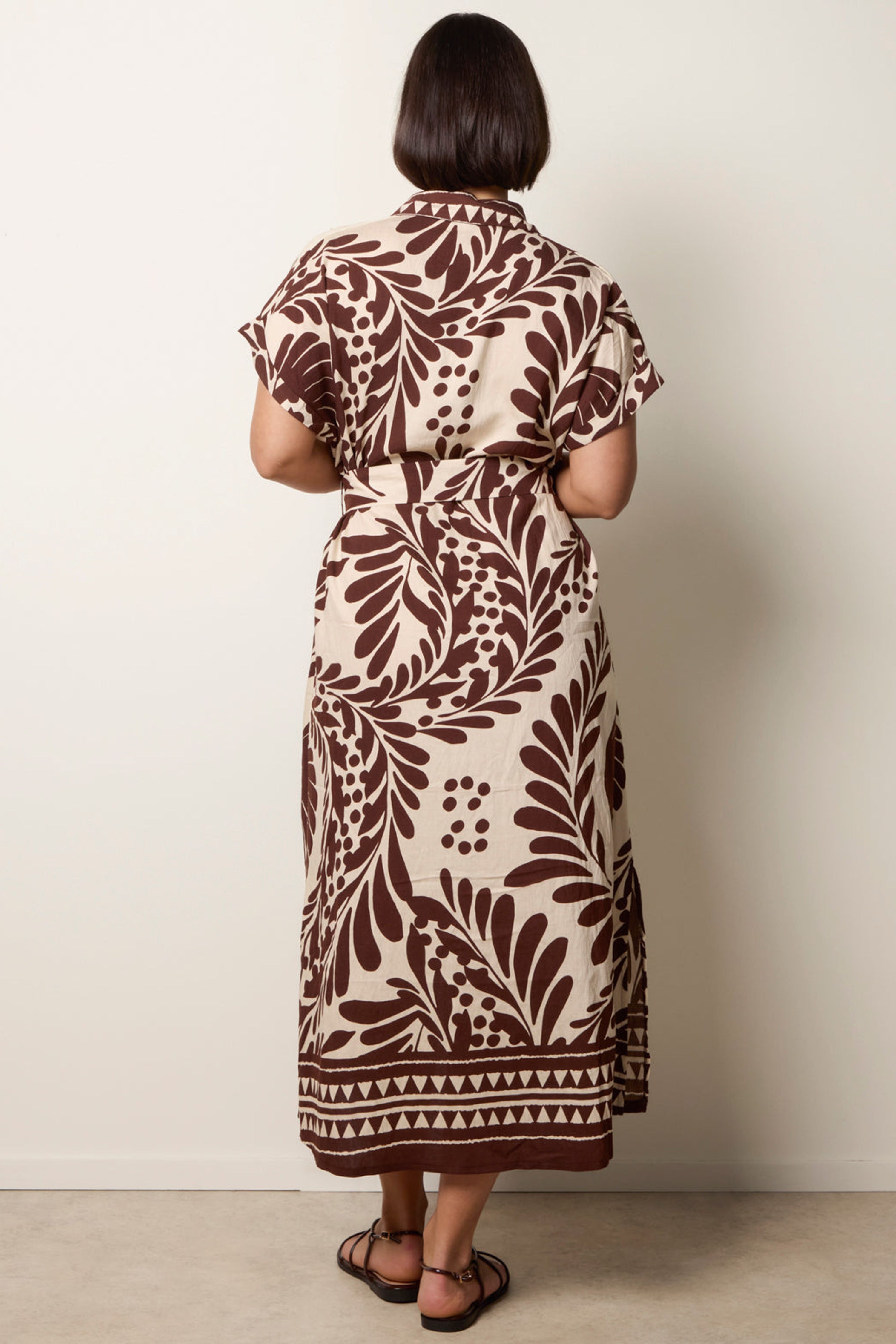 Blue Vanilla Brown Tropical Leaf Print Belted Shirt Dress