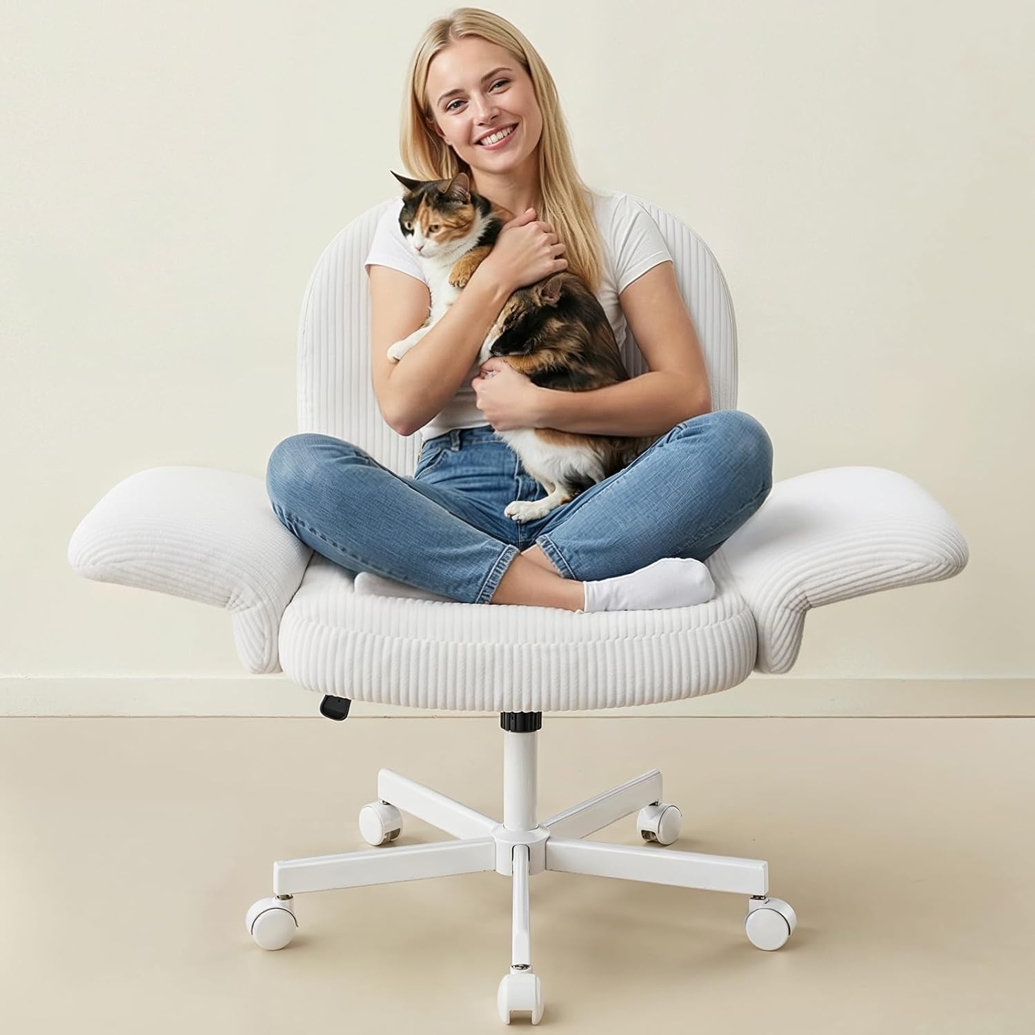 HUANUO Vanity Chair with 6-Position Adjustable Armrests, Criss Cross Chair with Wide Cushion, Soft Corduroy Fabric, 90°-105° Recline, Pet-Friendly, Perfect for Makeup Bedroom, Home Office, White