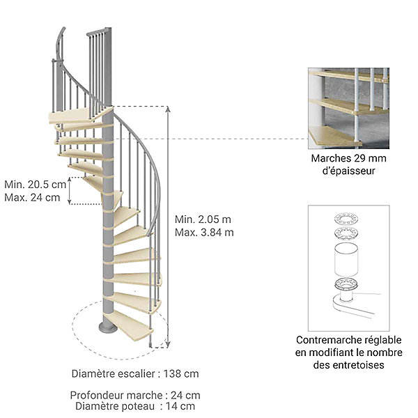 Escalier colimaçon 14 marches - Hauteur à franchir 2.87 à 3.36m - Diamètre 138cm - Bois et blanc - Sens anti-horaire -