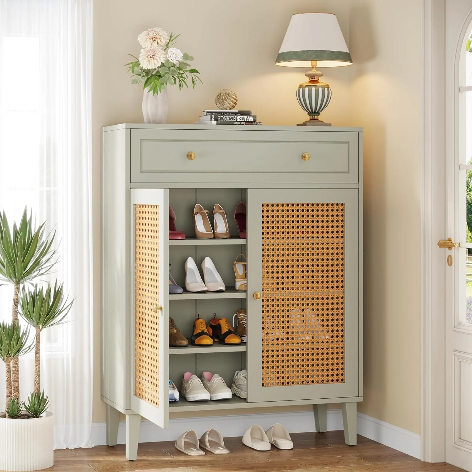 Modern Shoe Cabinet with Doors, Rattan Shoes Storage Cabinet