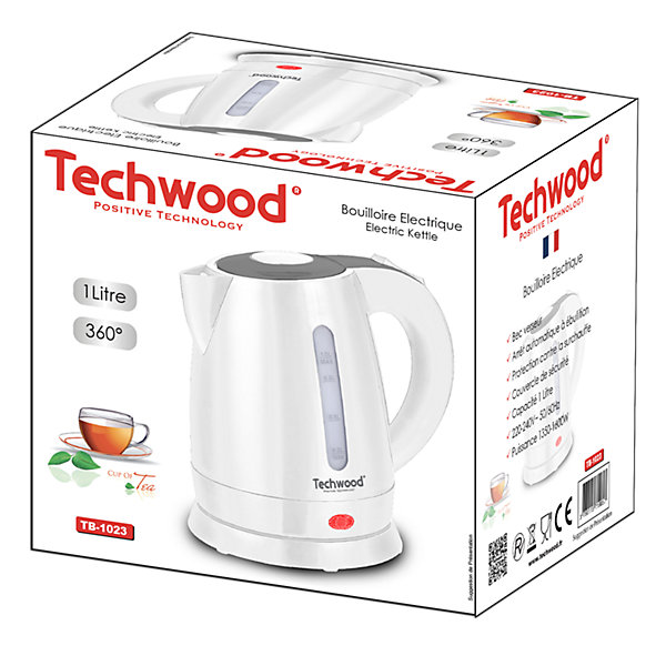 Bouilloire Electrique Techwood TB-1023 Capacité 1L - 1600W Arrêt de sécurité en cas de surchauffe Indicateur niveau d'eau, Blanc