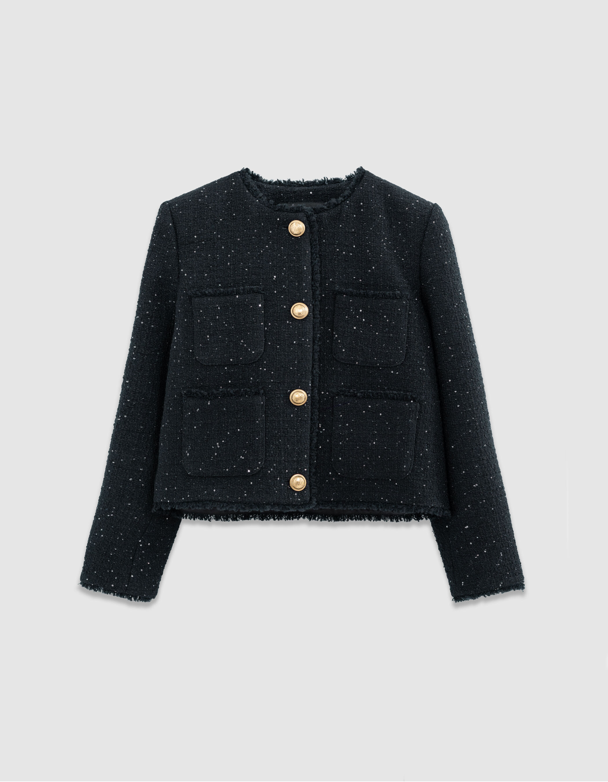 Veste courte marine effet tweed et sequins brodés Femme