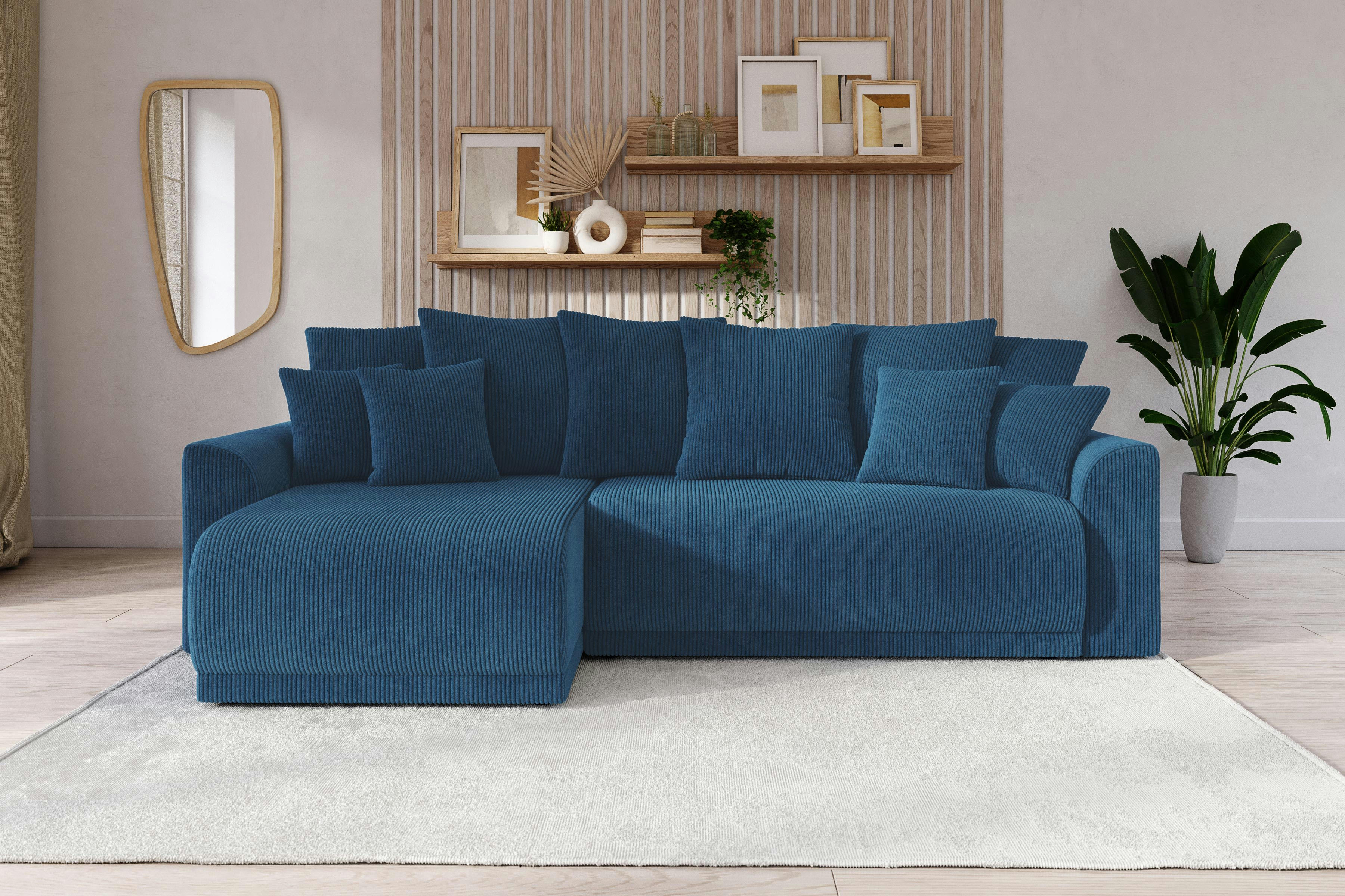 NOVA - Canapé d'angle convertible en velours côtelé 4 places bleu cobalt