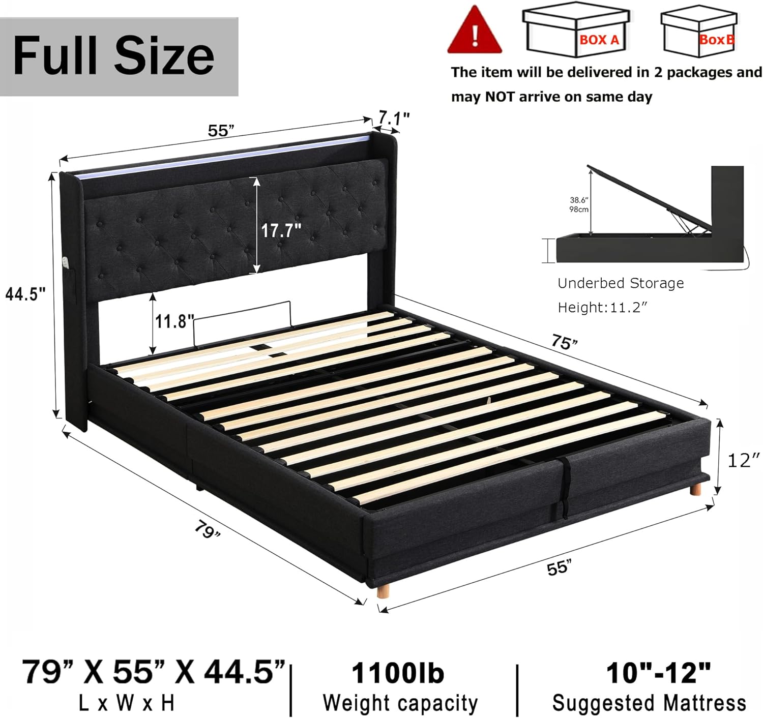 Lift Up Storage Bed Full, Bed Frame Full Size with Charging Station & Led Lights, Upholstered Storage Bed with Wingback 2-Tier Bookcase Headboard, Hydraulic Lift, No Box Spring Needed,Black | lift up bed, breathable material