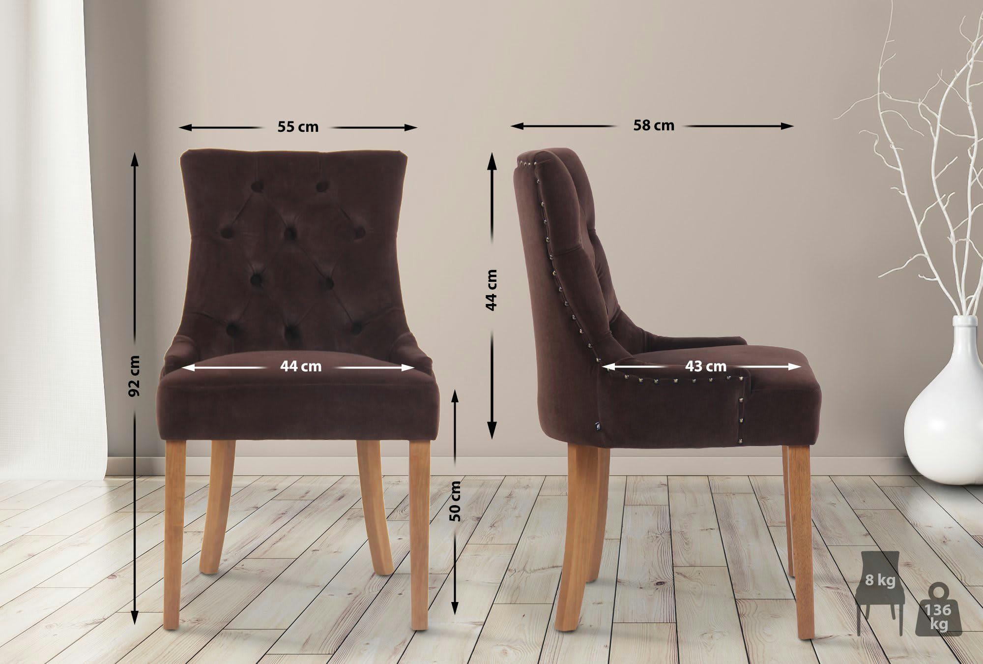 ABERDEEN - Chaise de salle à manger matelassée en velours Marron