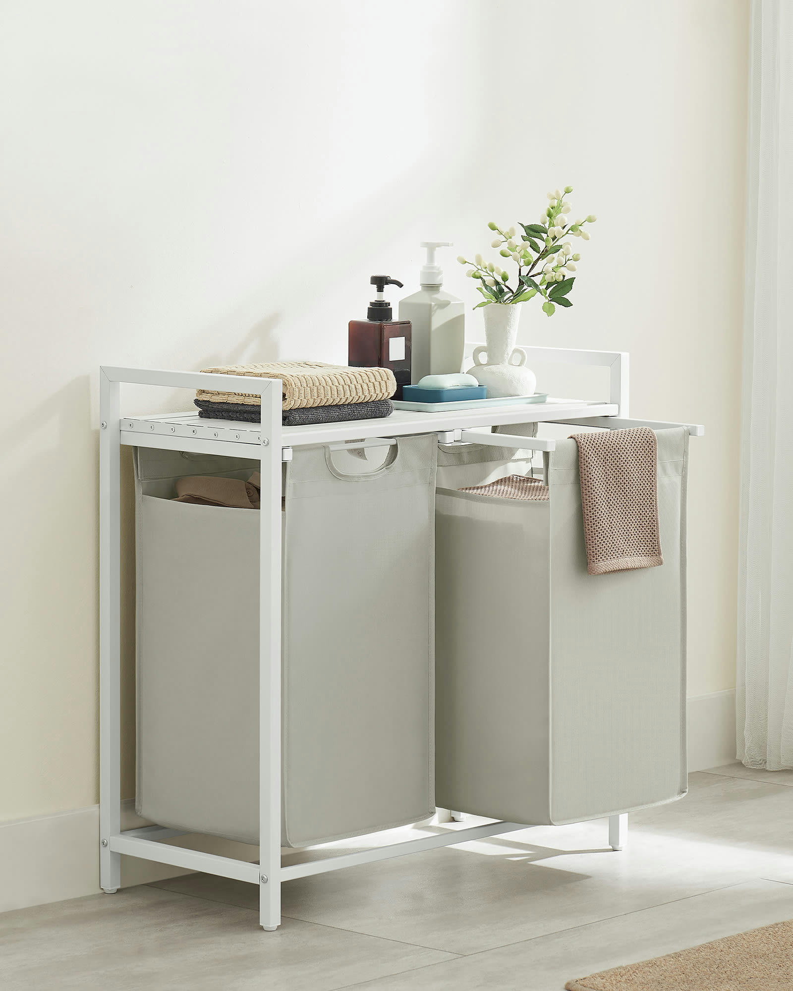 - Paniers à linge 2 compartiments effet bois blanc