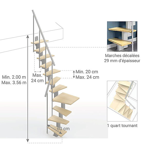 Escalier 1 quart tournant 14 marches - Hauteur à franchir de 3.00 à 3.56m - Largeur 60cm - Couleur bois et blanc -