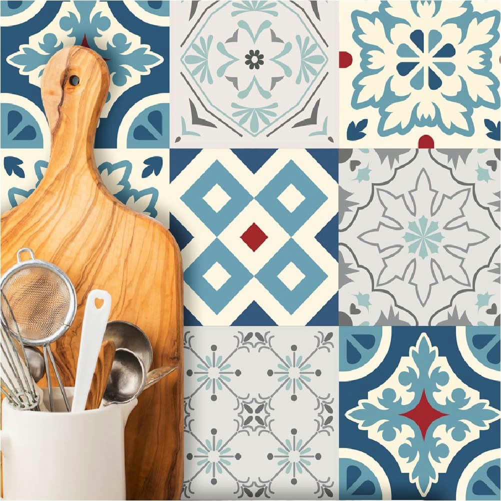 - 6 stickers carreaux de ciment bleu 15x15cm