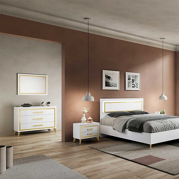 JEMMA - Commode 3 Tiroirs Laqué Blanc et Décor Doré