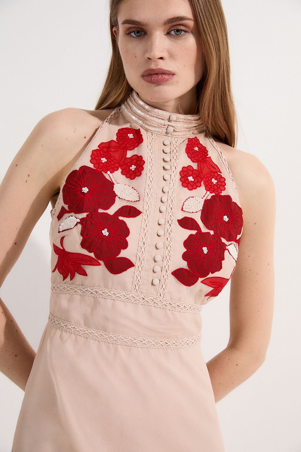 KarenMillen Applique Organdie Buttoned Halter Neck Maxi Dress