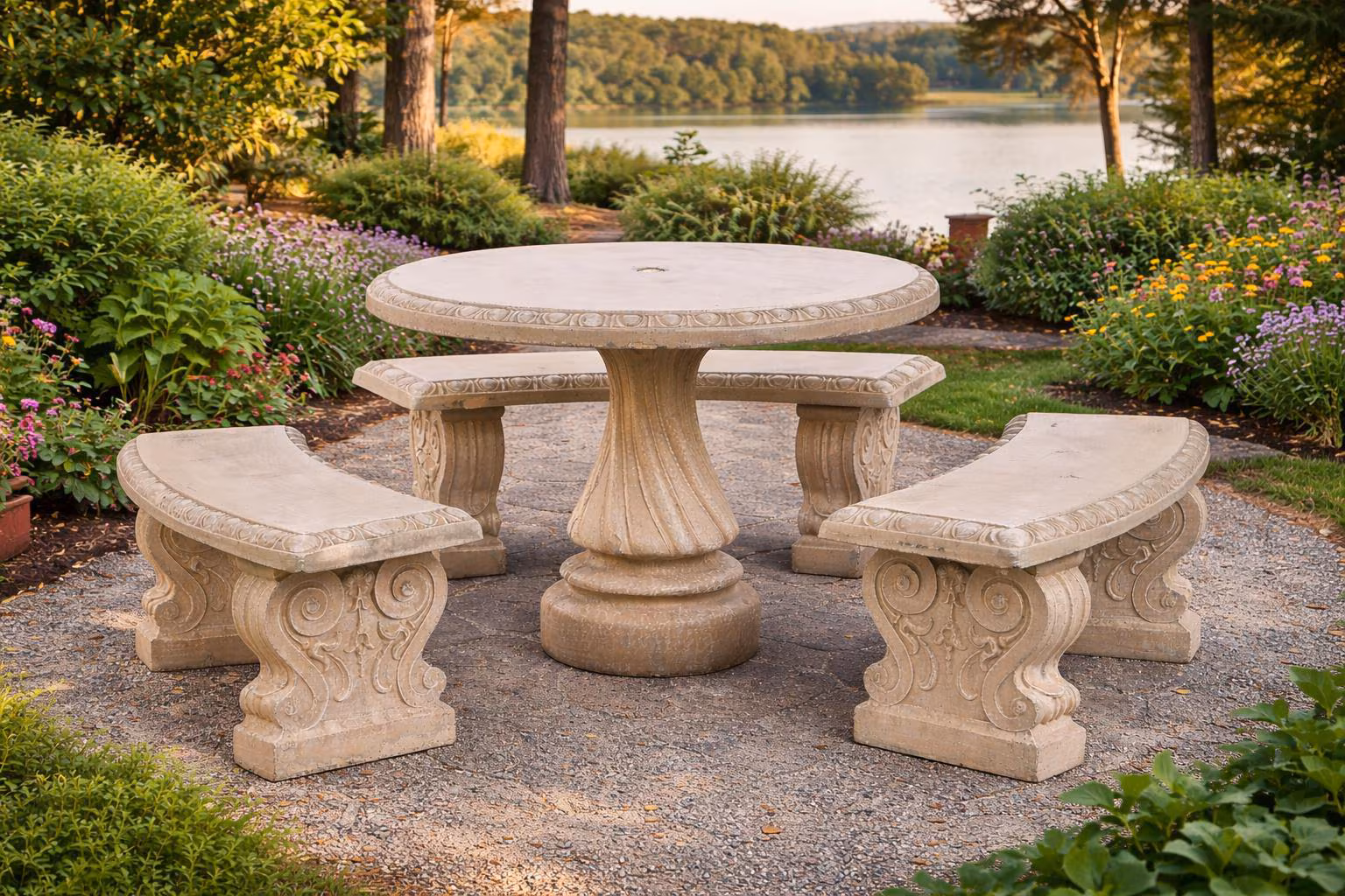 Round Concrete Table Set – Outdoor Patio Dining Set with 3 Curved Benches – Handcrafted Stone Garden Furniture – Made in USA