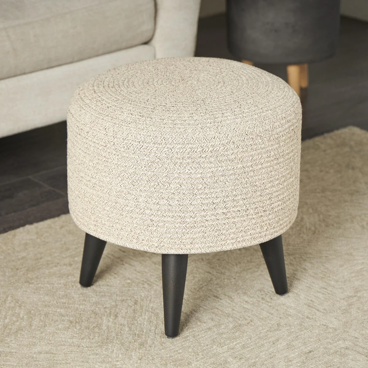 Polyester Chevron Textured Living Room Stool with Black Wooden Legs - Beige or Light Grey - Roche River Decor
