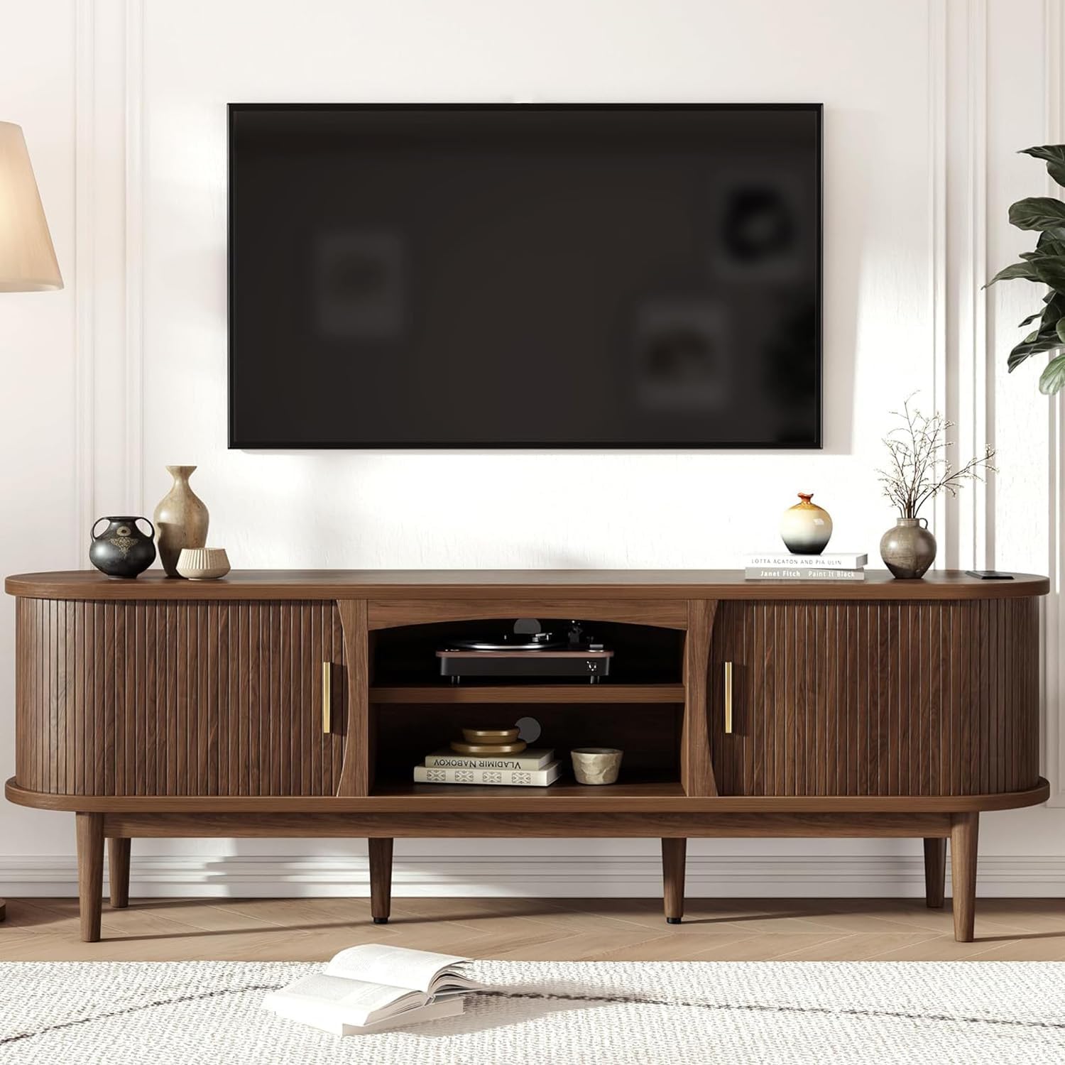 Decofy Mid Century TV Stand for TVs up to 65 Inches, Entertainment Center with Storage, Power Outlet, Fluted Sliding Doors & Adjustable Shelves, Modern Media TV Console Table for Living Room (Walnut)