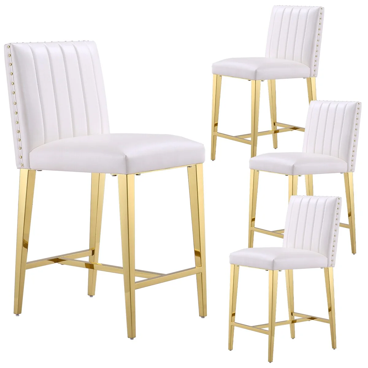 White Leather Counter Height Bar Stools Island Bar Chairs with Gold Stainless Steel Legs