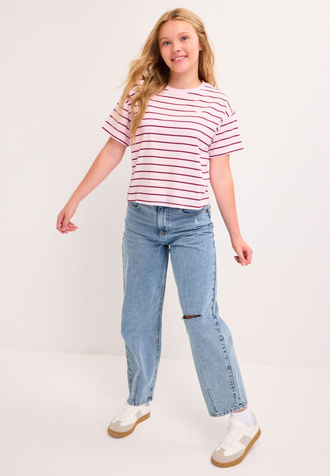 Older Girls Pink & Burgundy Stripe Boxy T-shirt