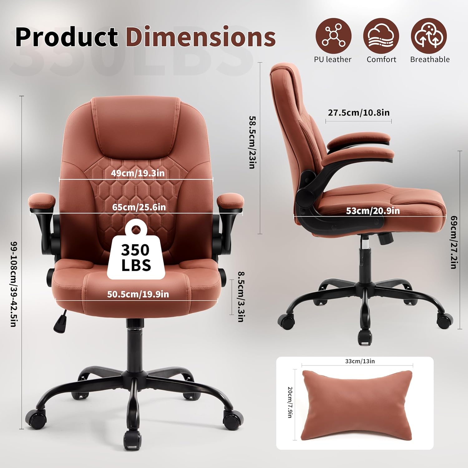 Executive Office Chair PU,Leather Office Chair with Wheels,360° Swivel Rolling Chair with Padded Arms,Ergonomic Computer Chair with Lumbar Support for Short People Use(Brown)