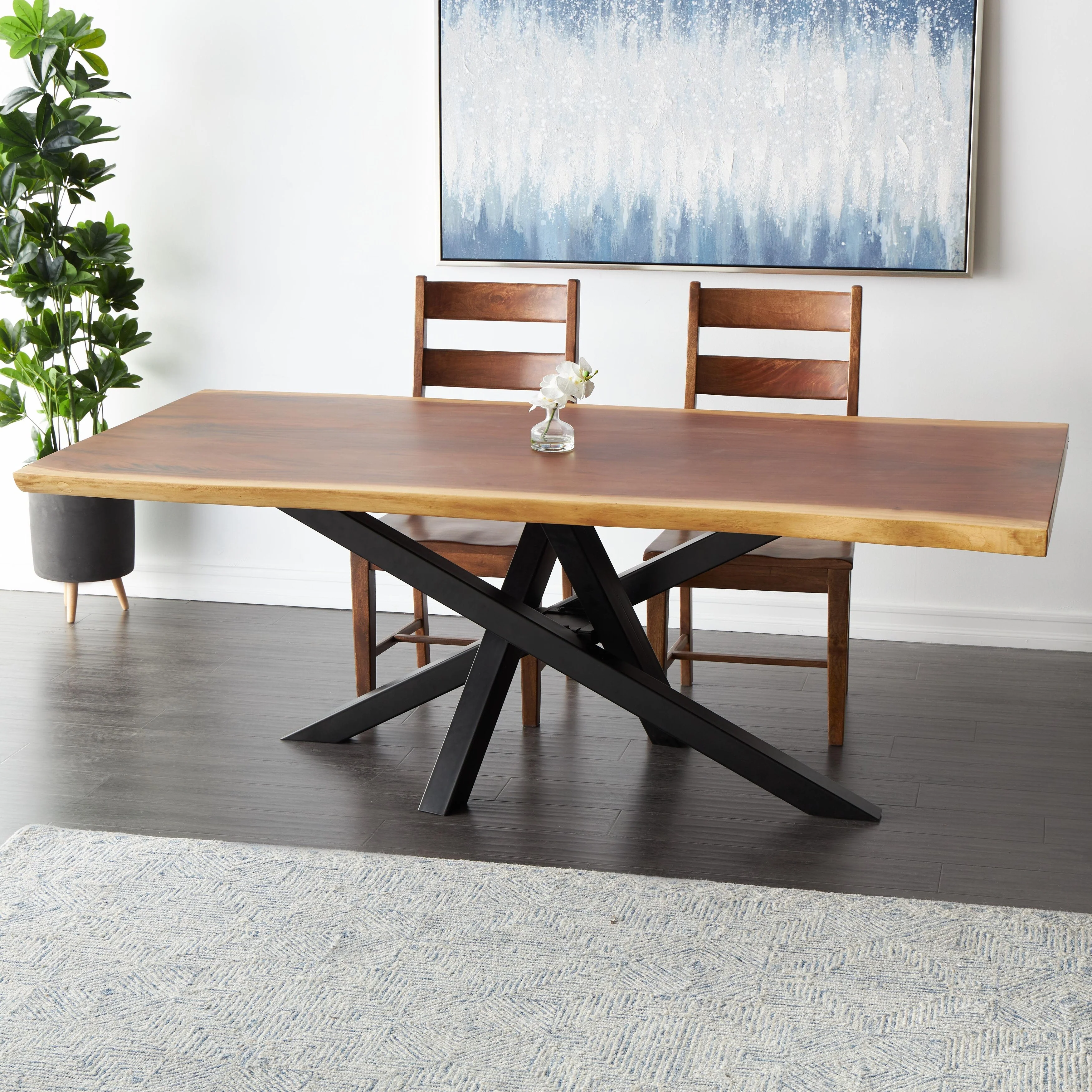 Wood Modern Live Edge Dining Table with Black Criss Cross Legs - Brown - Roche River Decor