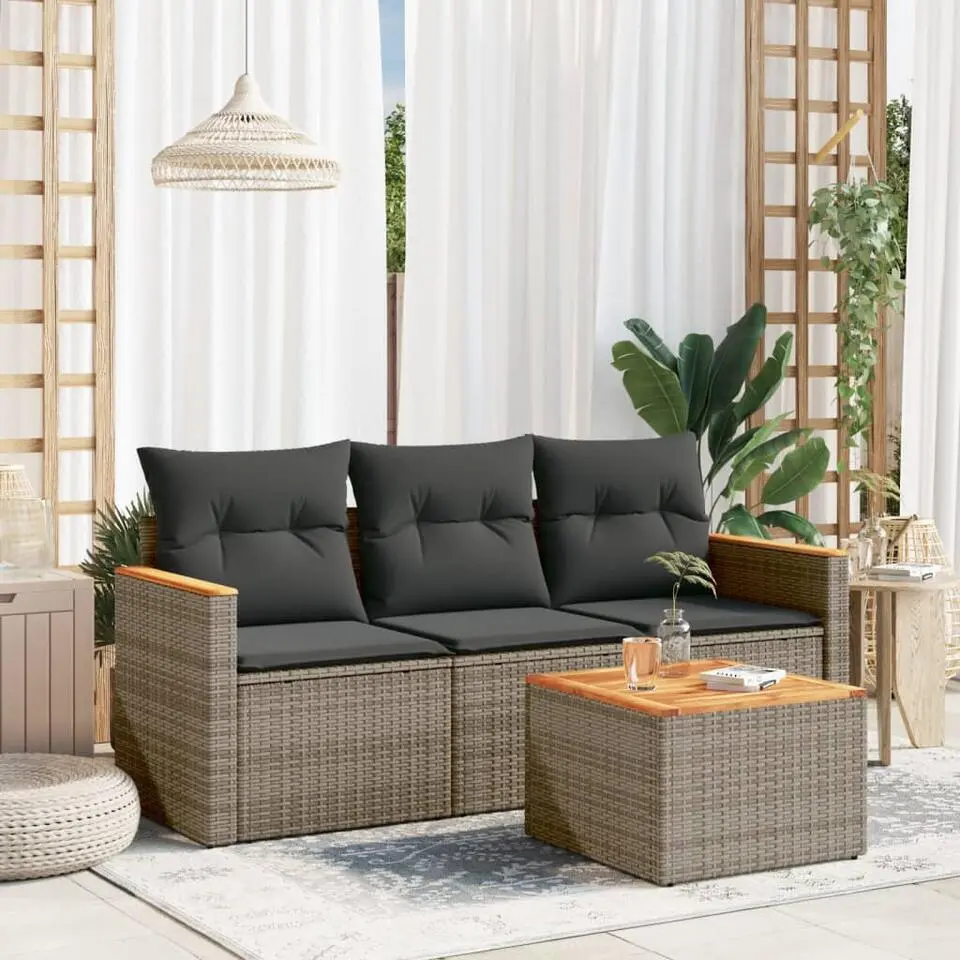 vidaXL 4-delige Loungeset met kussens en hout salontafel - Poly Rattan - Grijs