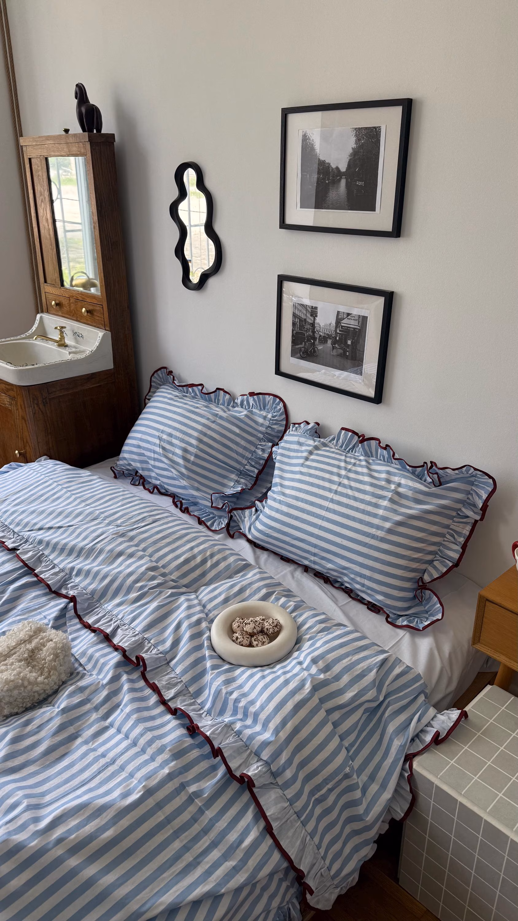 Blue Stripe Duvet Cover with Ruffles, Burgundy Trim, Cottagecore Bedding Set