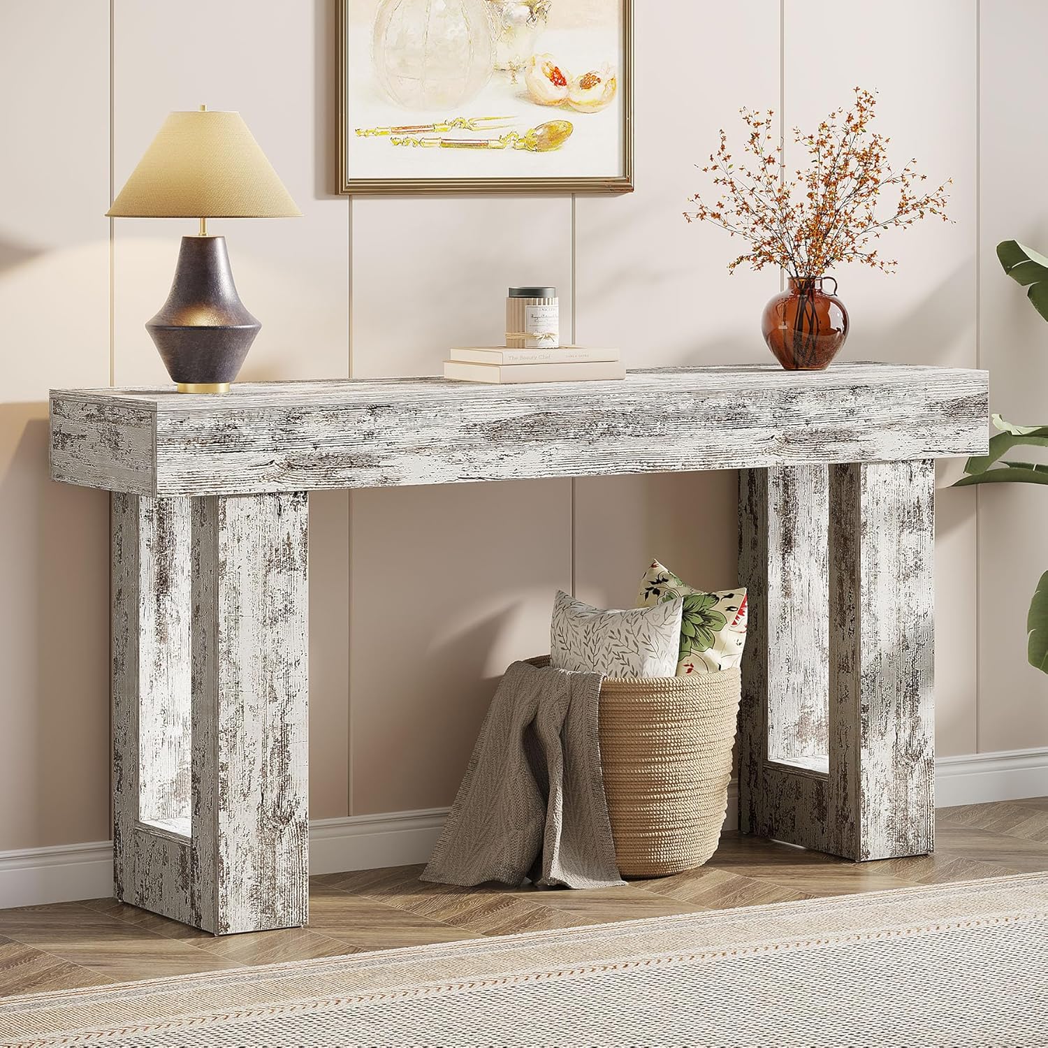 Tribesigns 63-Inch Long Console Table, Wooden Rectangular Sofa Table Behind The Couch, Farmhouse Entryway Table for Entrance, Hallway, Living Room (Distressed White)