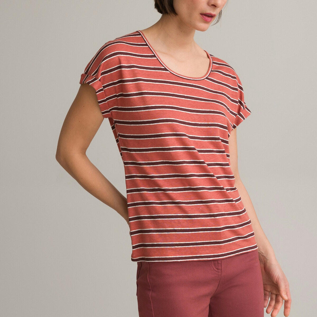 T-shirt rayé, en lin, col rond manches courtes