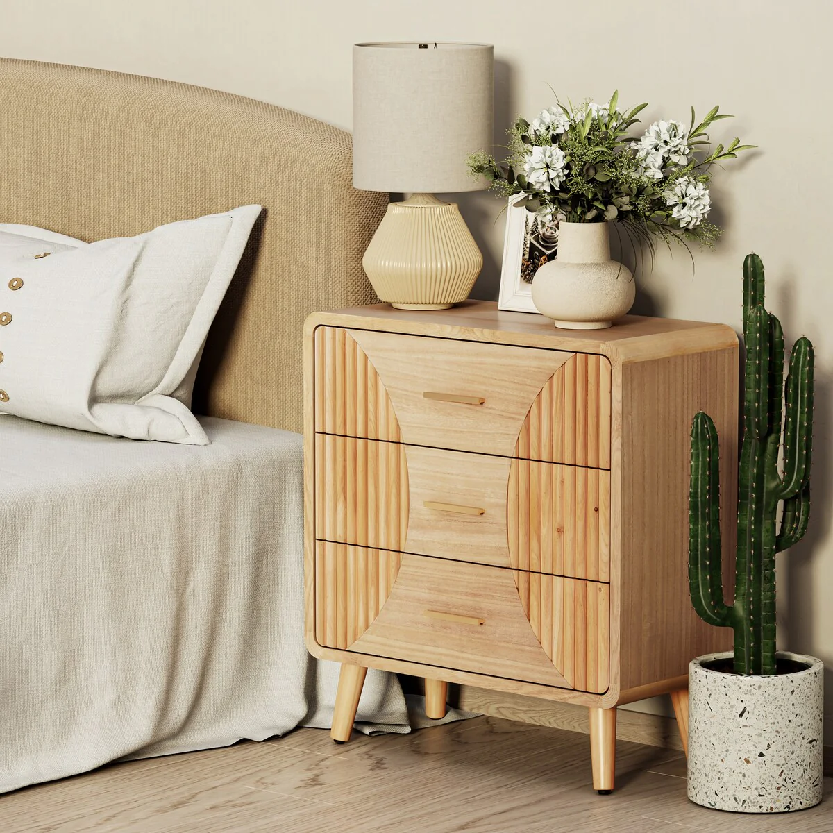 COZAYH Farmhouse Nightstand, Mid Century Nightstand with Handcrafted , Boho, Rustic Style, Natural Wood