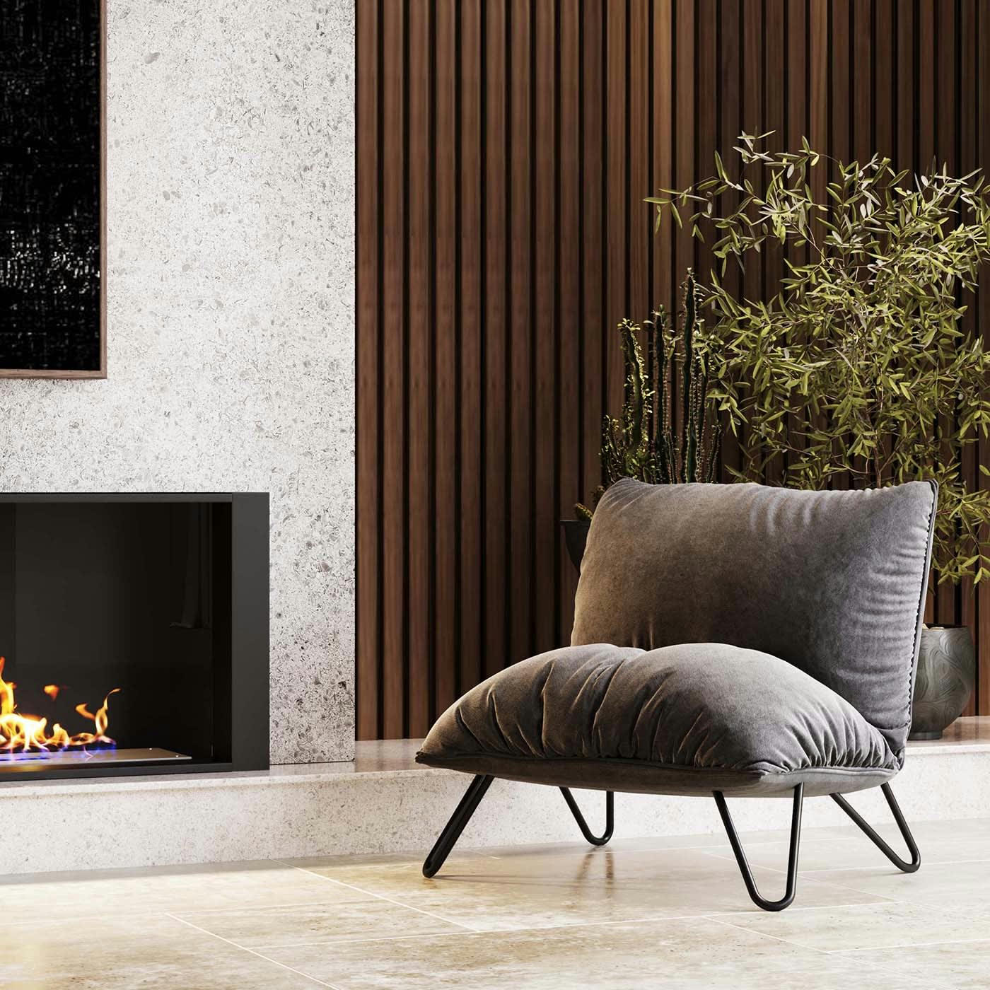 PORT PINO - Fauteuil en velours gris et acier