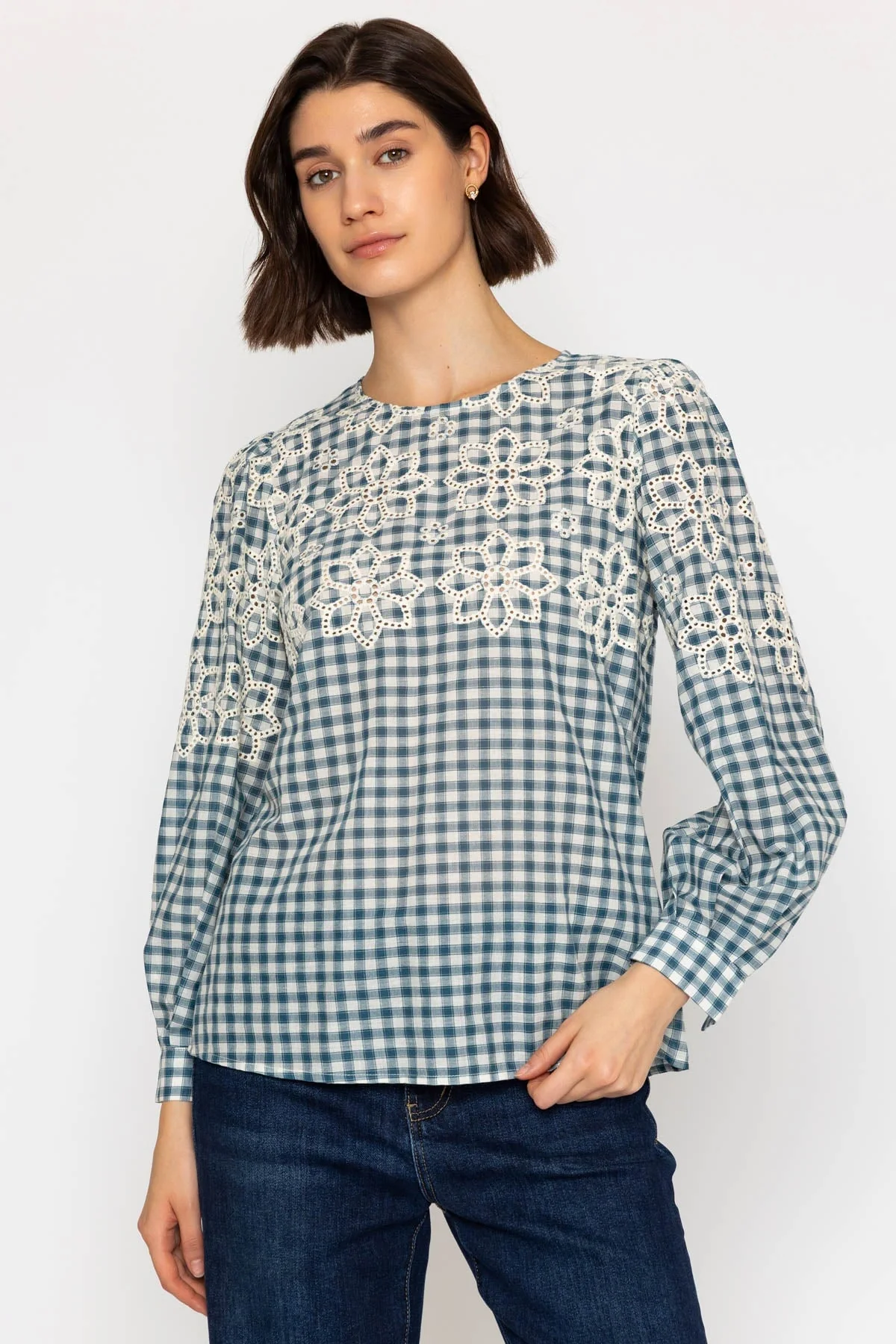 Check-Embossed Top with Floral Embroidery in Blue