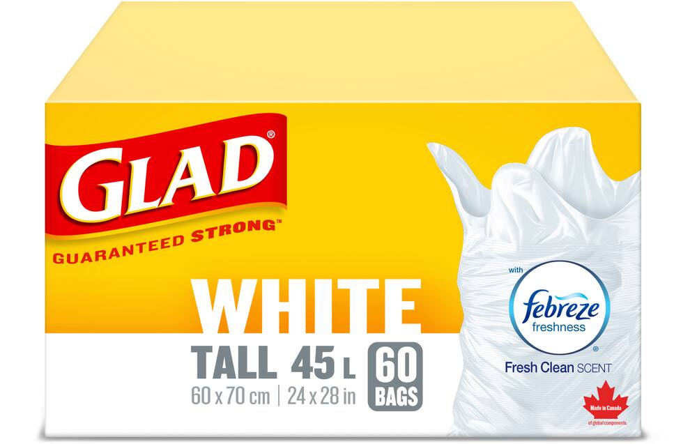 Glad Tall Easy-Tie Flap Febreze Fresh Clean Scent Garbage Bags, 60-pk, White, 45-L