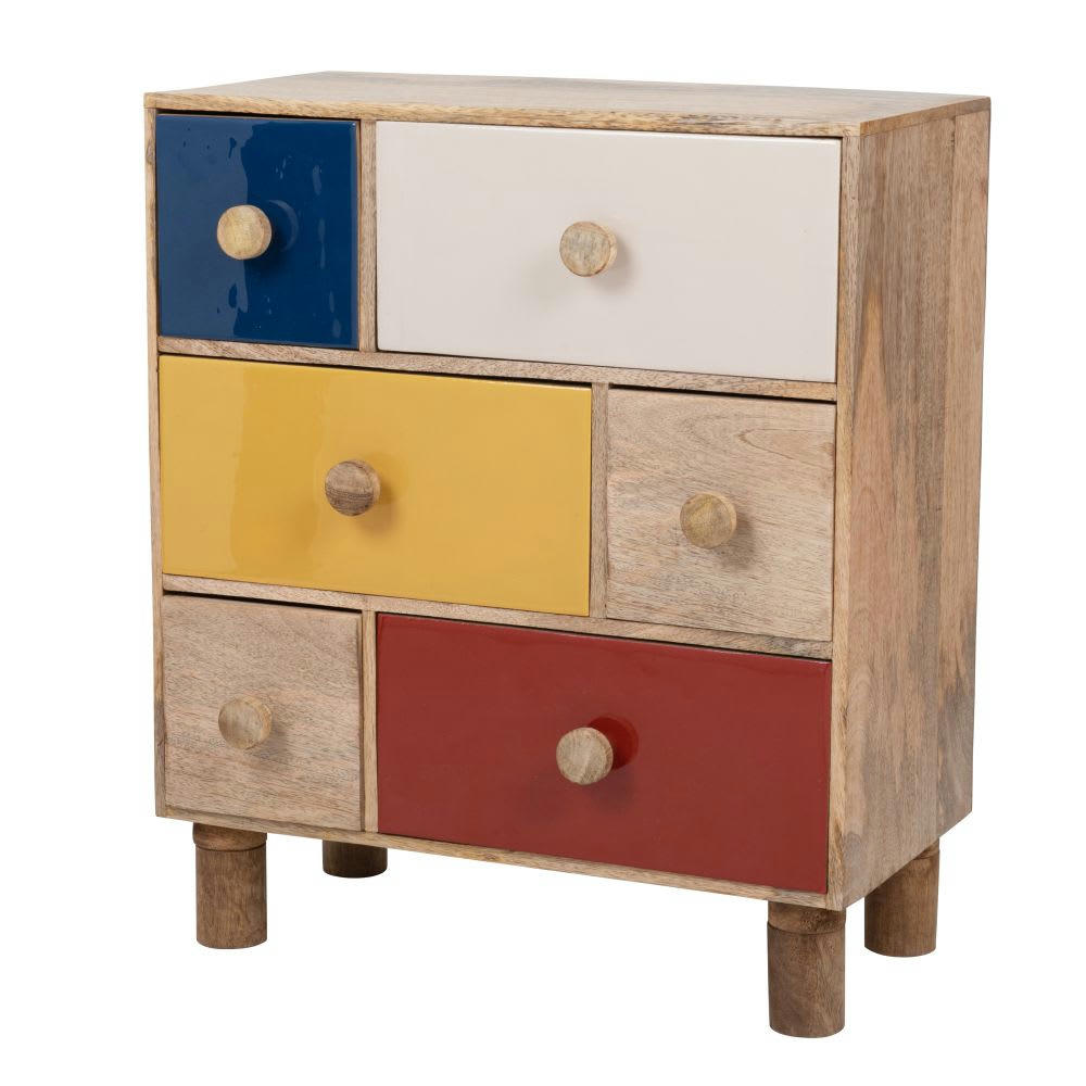 - Petit meuble de rangement 6 tiroirs en bois de manguier multicolore