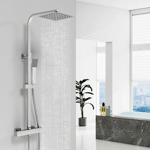 Colonne de douche thermostatique avec pomme de tête, douchette et flexible, Carré, AICA