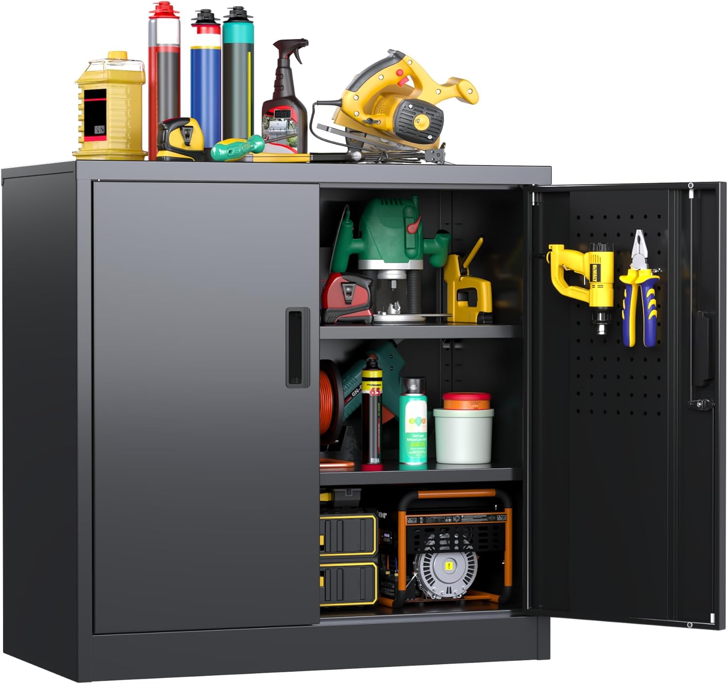 Metal Storage Cabinet with 2 Lockable Doors and 2 Adjustable Shelves, Locking Garage Storage Cabinet with Pegboard, Small Metal Cabinet with Lock for Garage, Home, Black, Assembly Required