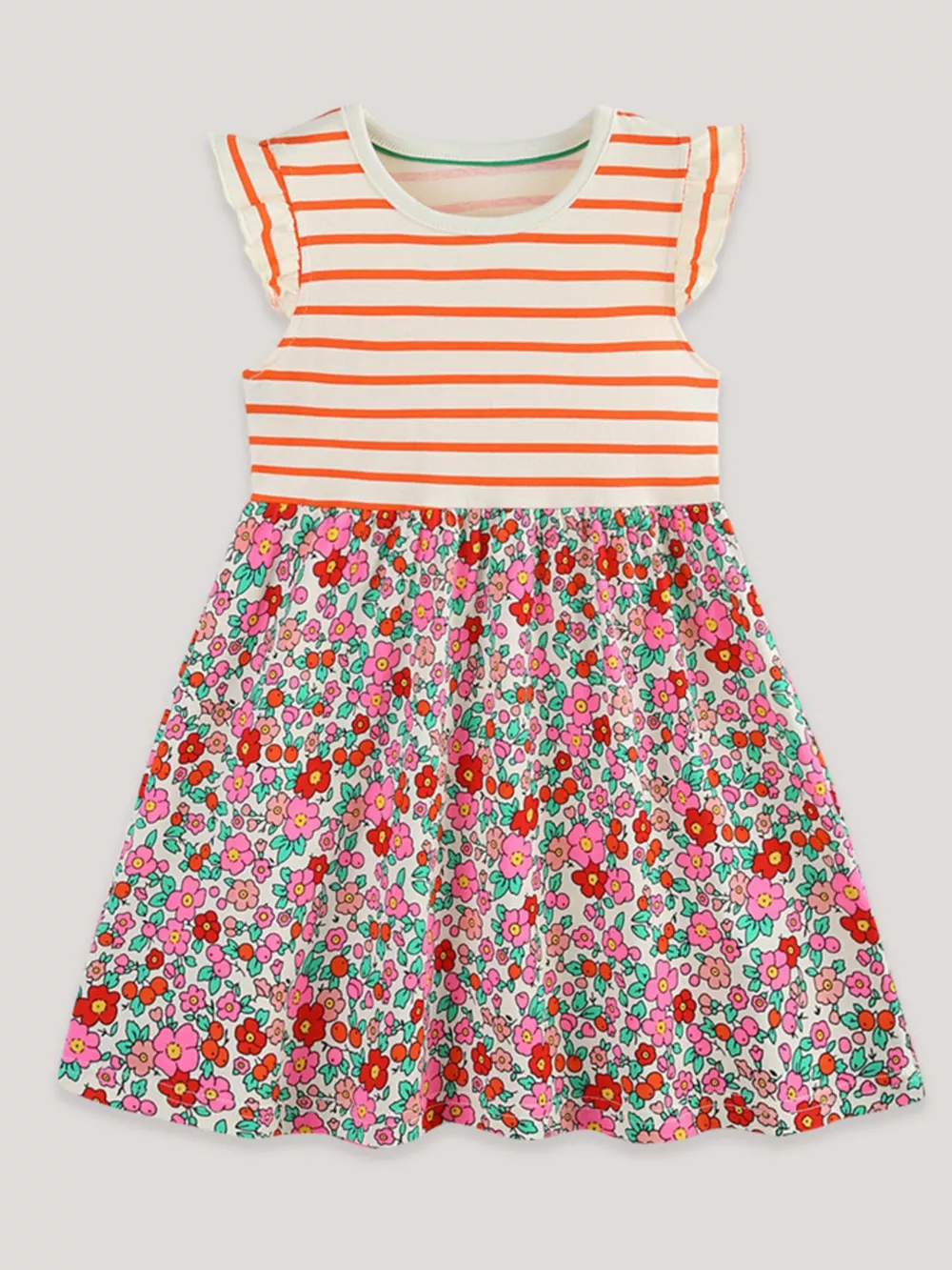 Children's Striped Floral Print Ruffle Sleeve Dress